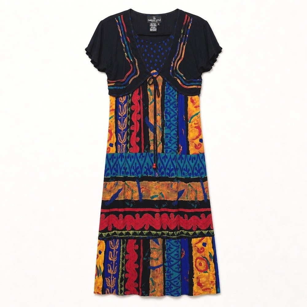Vintage Carole Little Boho Art-to-Wear Patchwork Midi Dress Size 4 Global Print